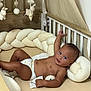 baby, infant, crib, diaper, plush_toys, braided_cushion, wooden_crib, hanging_toys, soft_toys, child, indoors, smiling, curious, relaxed, lying_down, cute, skin, head, hand, face