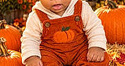 Princeston is registered to the contest to win money with this photo: baby, child, portrait, sitting, pumpkins, autumn, fall, hay, harvest, orange, overalls, pumpkin_costume, boots, infant, face, eyes, outdoor, farm, seasonal, photography