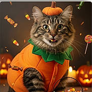 Taylor joined the competition — help win amazing prizes! cat, pumpkin_costume, tabby_cat, halloween, jack_o_lantern, candy, candy_corn, orange, green, costume, pet, festive, holiday, cute, animal, portrait, whiskers, feline, indoor, celebration