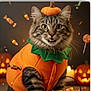 cat, pumpkin_costume, tabby_cat, halloween, jack_o_lantern, candy, candy_corn, orange, green, costume, pet, festive, holiday, cute, animal, portrait, whiskers, feline, indoor, celebration