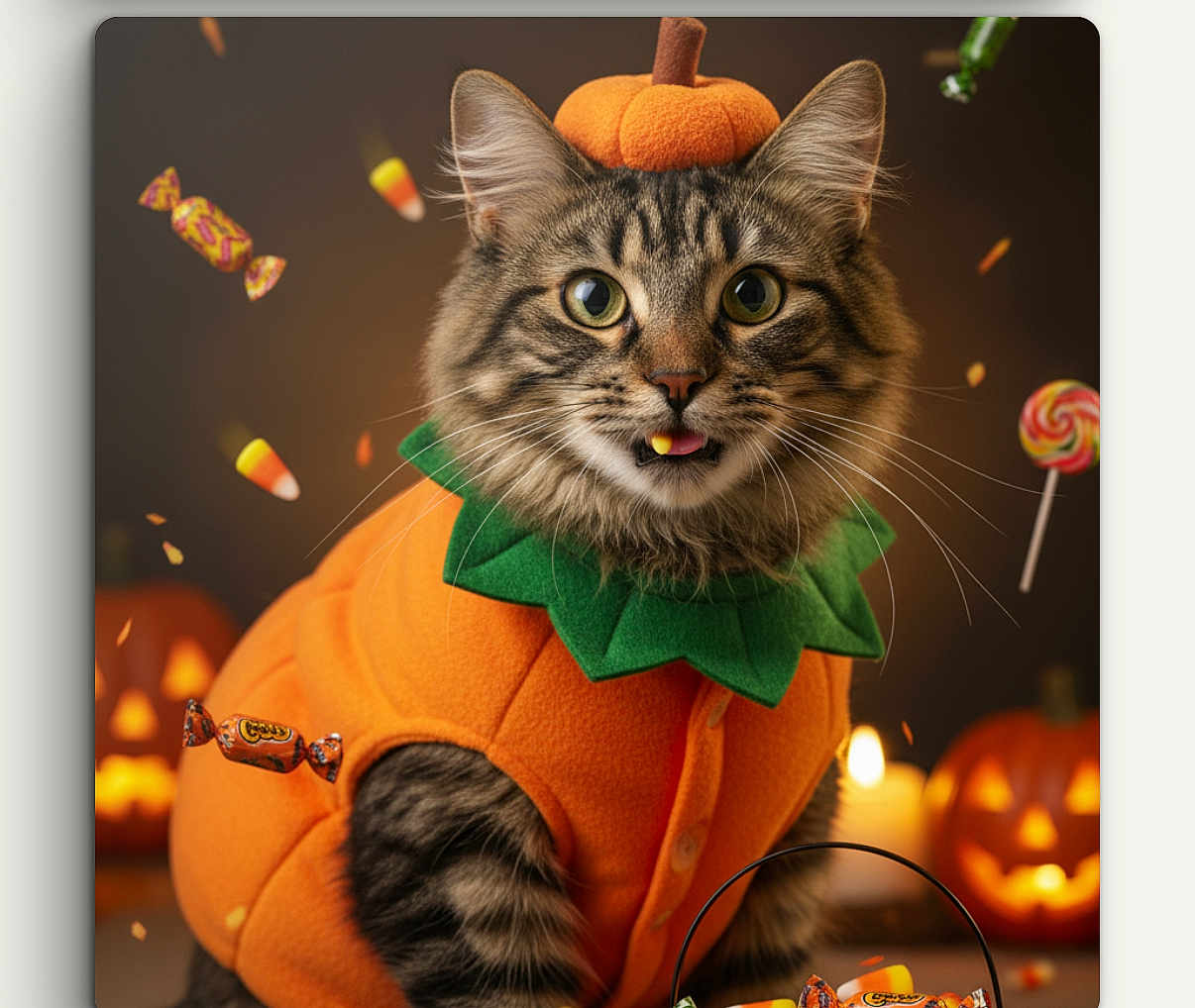 Taylor joined the competition — help win amazing prizes! cat, pumpkin_costume, tabby_cat, halloween, jack_o_lantern, candy, candy_corn, orange, green, costume, pet, festive, holiday, cute, animal, portrait, whiskers, feline, indoor, celebration