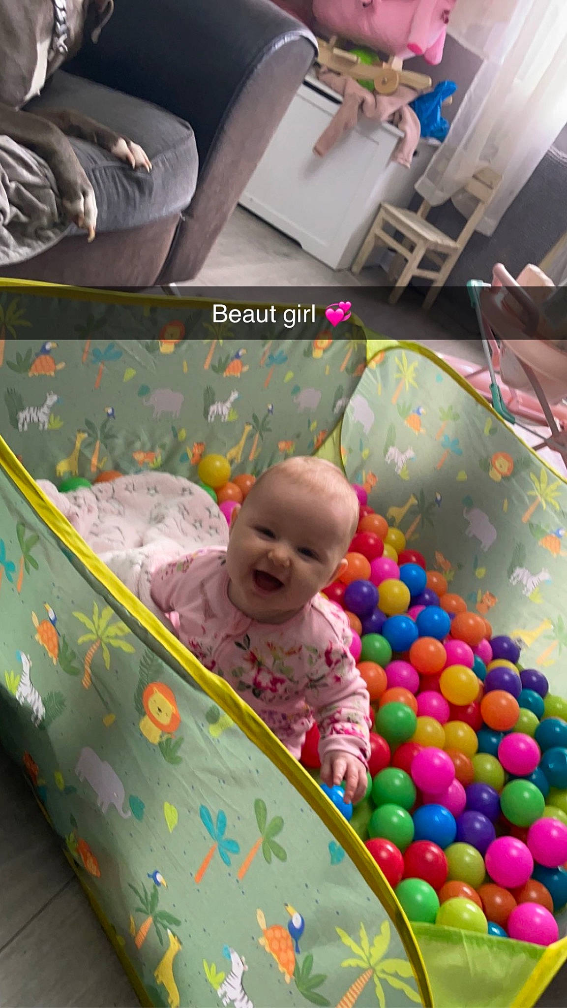 Kenzie is registered to the contest to win money with this photo: baby, baby_products, baby_toddler_clothing, baby_toys, ball, ball_pit, child, comfort, couch, event, flooring, fun, leisure, pattern, person, play, product, room, smile, toddler