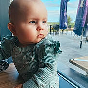 Iris participe au concours pour gagner de l'argent avec cette photo : baby, child, curious, daytime, earrings, face, hand, head, indoor, indoor_lighting, looking_away, natural_light, portrait, ruffles, skin, table, teal_clothing, thoughtful, window, young_child