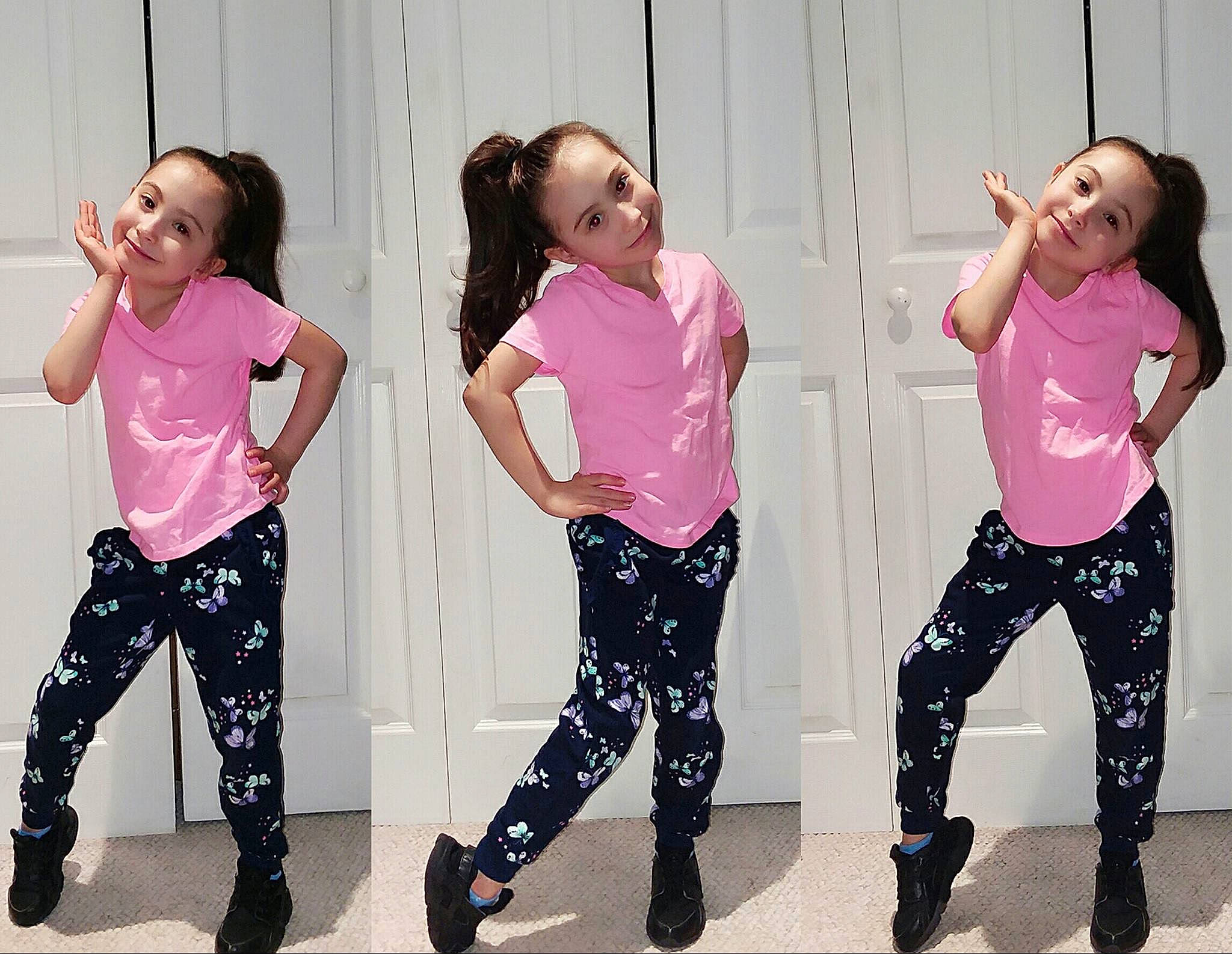 Alaynna is registered to the contest to win money with this photo: abdomen, child, child_model, choreography, clothing, dance, fashion, footwear, fun, happy, jeans, joy, leg, leggings, person, pink, sportswear, t_shirt, toddler, trousers