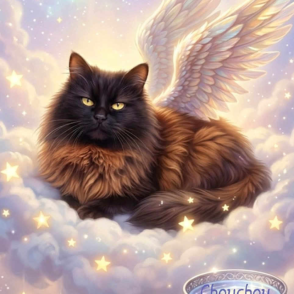 Princesse participe au concours pour gagner de l'argent avec cette photo : cat, angel_wings, clouds, stars, fluffy, fantasy, pastel_colors, glowing, decorative_bowl, floating, dreamy, sky, feline, mythical, soft_light, illustration, whiskers, yellow_eyes, relaxing, magic