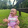 Margo joined the competition — help win amazing prizes! baby, child, smiling, clapping, pink_clothing, outdoor, grass, fence, nature, park, happy, cute, infant, sitting, daylight, portrait, young_child, greenery, casual, sunlight