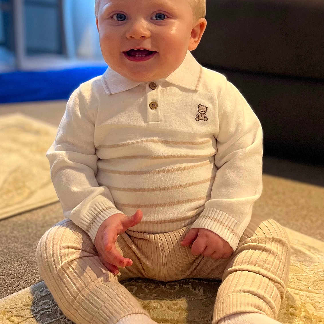 William-Patrick joined the competition — help win amazing prizes! baby, blonde, bodypart, clothing, crawling, face, finger, hair, hand, happy, head, hosiery, pants, person, photography, portrait, sitting, sleeve, smile, sock