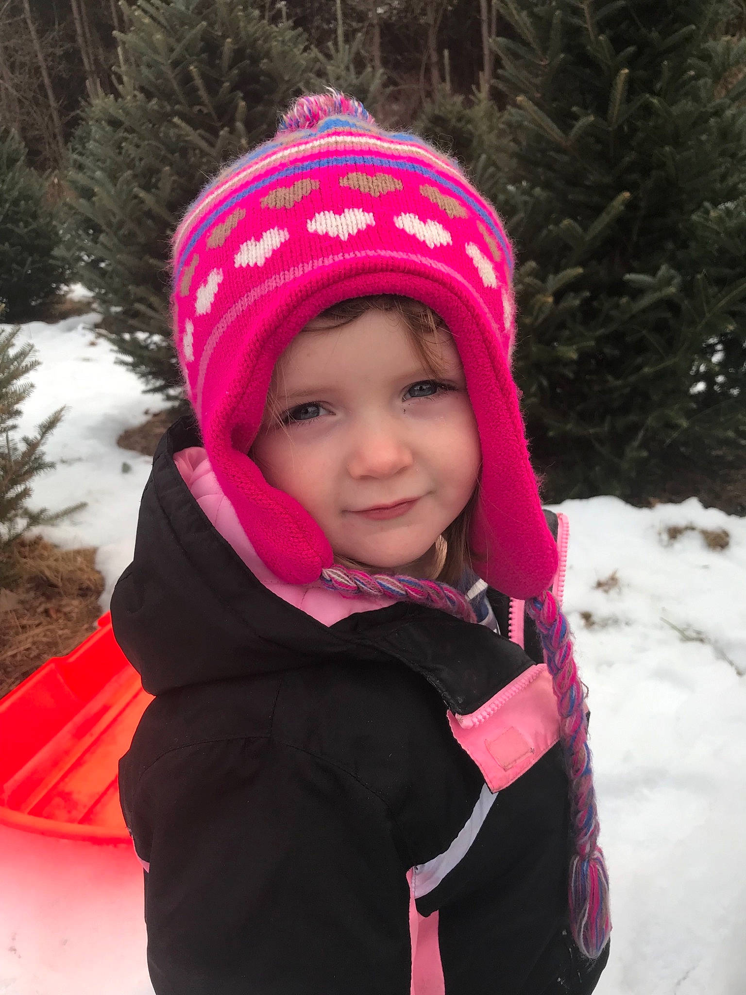 Rileyann joined the competition — help win amazing prizes! beanie, bonnet, cap, child, fun, girl, hat, headgear, headwear, knit_cap, knitting, magenta, outerwear, person, pink, purple, scarf, smile, snow, toddler