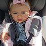 Victoire participe au concours pour gagner de l'argent avec cette photo : baby, child, car_seat, car, headband, pink, bow, seatbelt, clothing, jacket, tights, window, sunlight, car_interior, safety, infant, seat, cute, portrait, serious