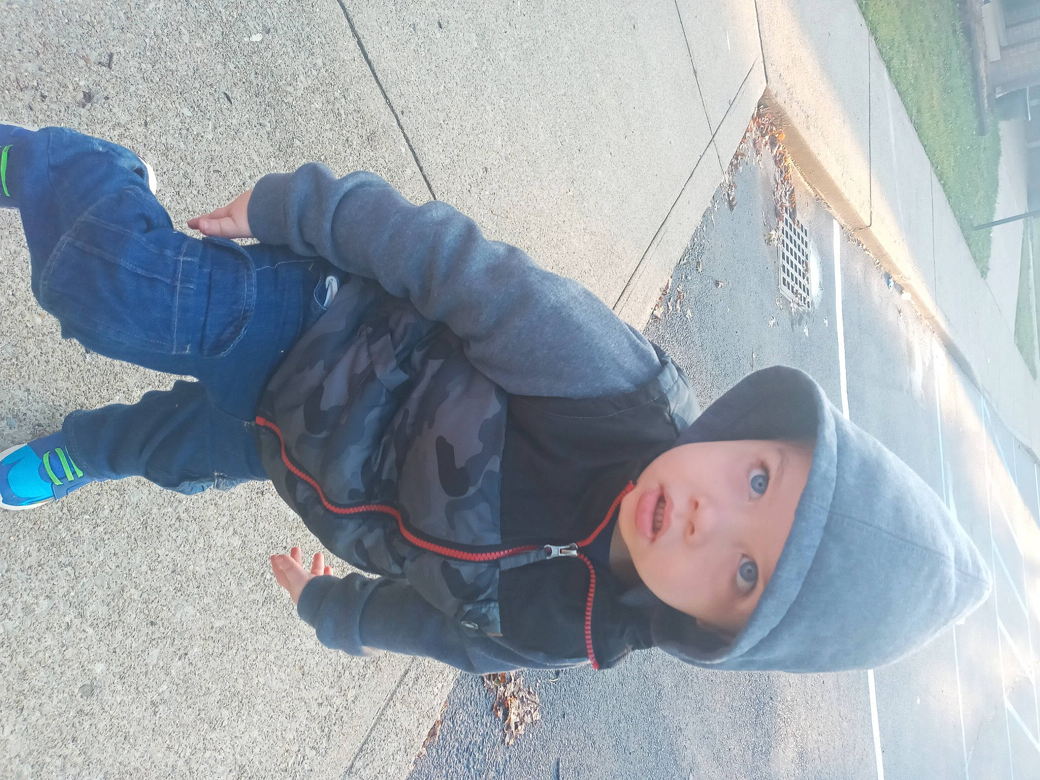 Chaz is registered to the contest to win money with this photo: adventure, asphalt, child, concrete, denim, electric_blue, freezing, fun, grass, hat, headwear, leisure, person, plant, recreation, road_surface, shadow, sidewalk, sitting, toddler