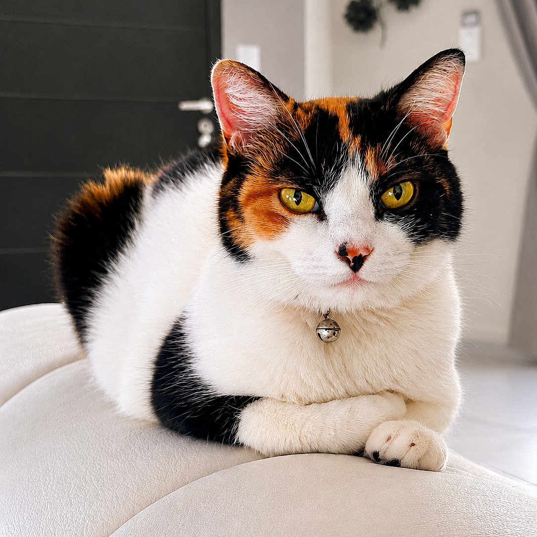 Ushuaïa a rejoint le concours — aidez-le/la à gagner de superbes lots ! cat, calico, pet, animal, indoor, feline, yellow_eyes, white_cushion, relaxed, portrait, fur, ears, whiskers, home, decor, door, wall_art, collar, bell, paw