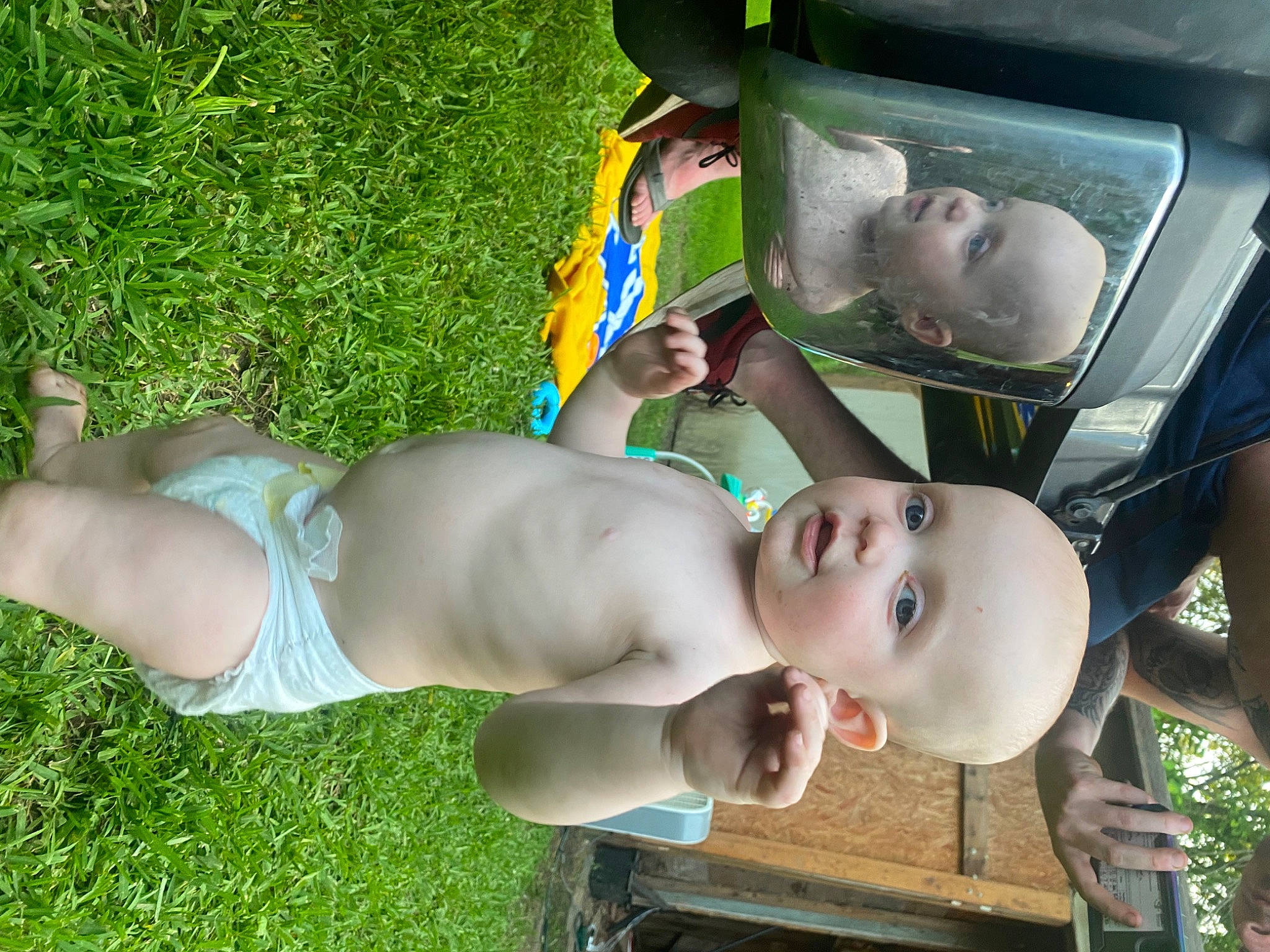 Austin joined the competition — help win amazing prizes! abdomen, baby, barechested, black_hair, chest, eyewear, fun, grass, happy, lawn, leisure, muscle, navel, people_in_nature, person, plant, thigh, toddler, tree, trunk