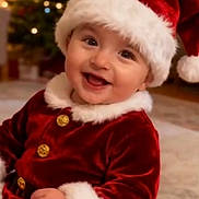 Louis participe au concours pour gagner de l'argent avec cette photo : baby, child, christmas, holiday, santa_hat, red_clothing, smile, happy, festive, indoor, tree, lights, decorations, cute, portrait, fur_trim, gold_buttons, seasonal, celebration, infant