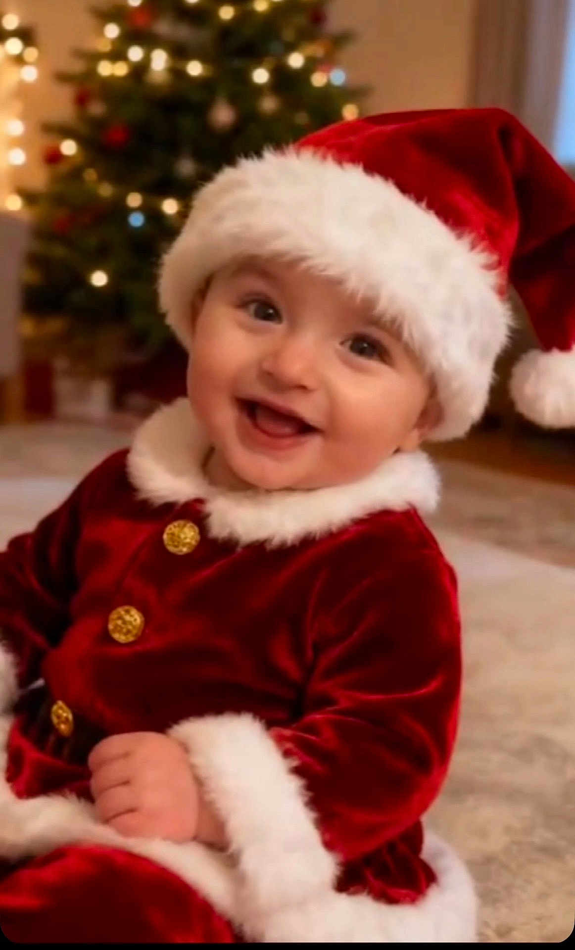 Louis participe au concours pour gagner de l'argent avec cette photo : baby, child, christmas, holiday, santa_hat, red_clothing, smile, happy, festive, indoor, tree, lights, decorations, cute, portrait, fur_trim, gold_buttons, seasonal, celebration, infant
