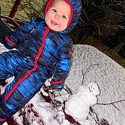 Miles is registered to the contest to win money with this photo: baby, child, snow, snowman, winter, snowsuit, outdoor, night, smile, face, car, hood, twig, cold, playful, cute, red, blue, jacket, frost