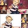 Tre'Me is registered to the contest to win money with this photo: child, toddler, smiling, striped_shirt, pink_sneakers, headband, toy_horse, collage, portrait, indoor, fluffy_rug, cute, happy, baby, posing, colorful_background, studio_photo, jeans, sitting, playful