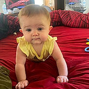 Nevaeh is registered to the contest to win money with this photo: baby, child, crawling, yellow_clothing, red_bedspread, bedroom, indoor, television, guitar, furniture, window, water_bottle, toy, curious, face, person, skin, head, arm, hand