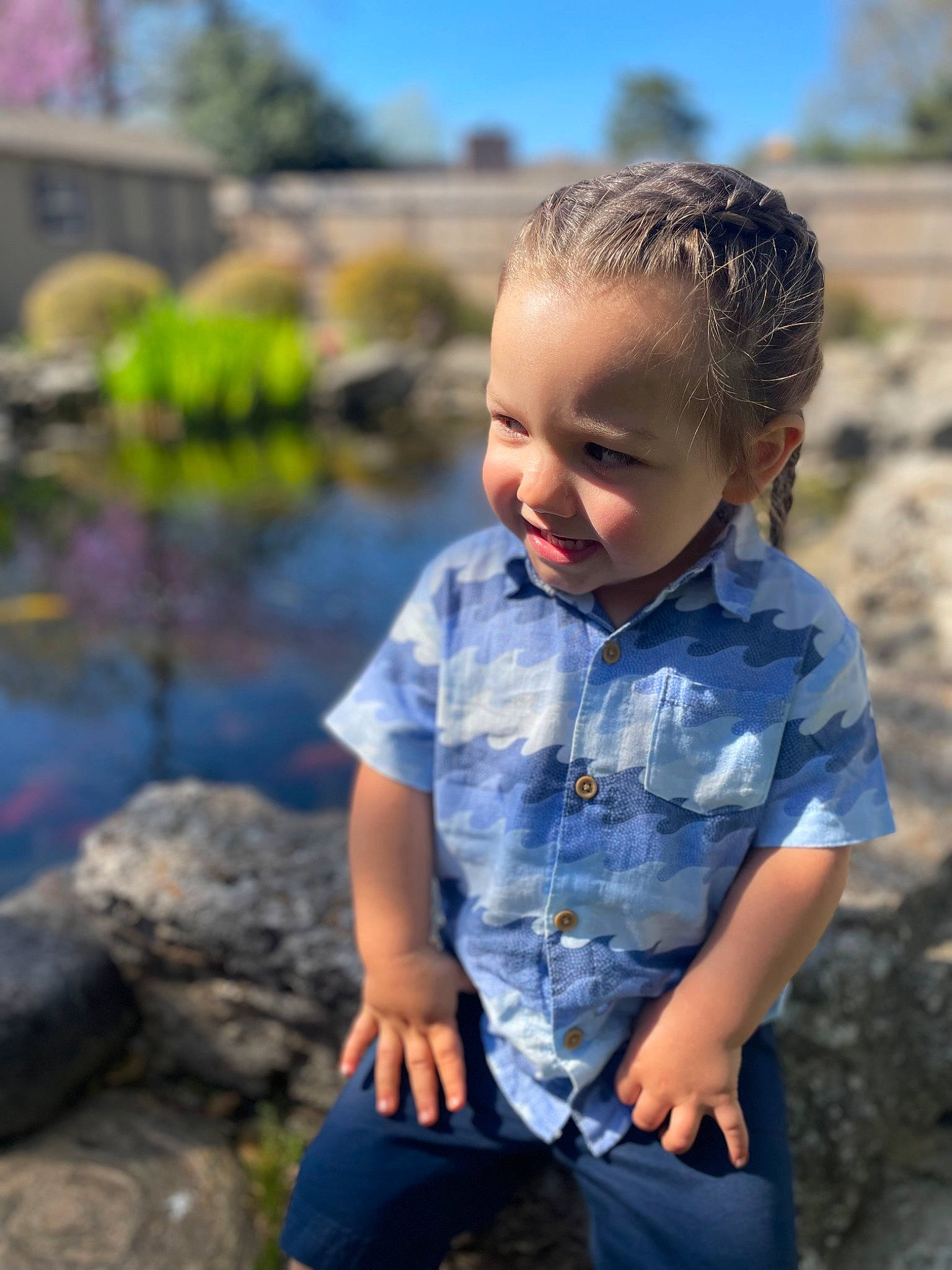 Eric is registered to the contest to win money with this photo: azure, child, electric_blue, fun, grass, hairstyle, happy, lake, leisure, people_in_nature, person, plant, skin, sky, sleeve, smile, t_shirt, toddler, tree, water
