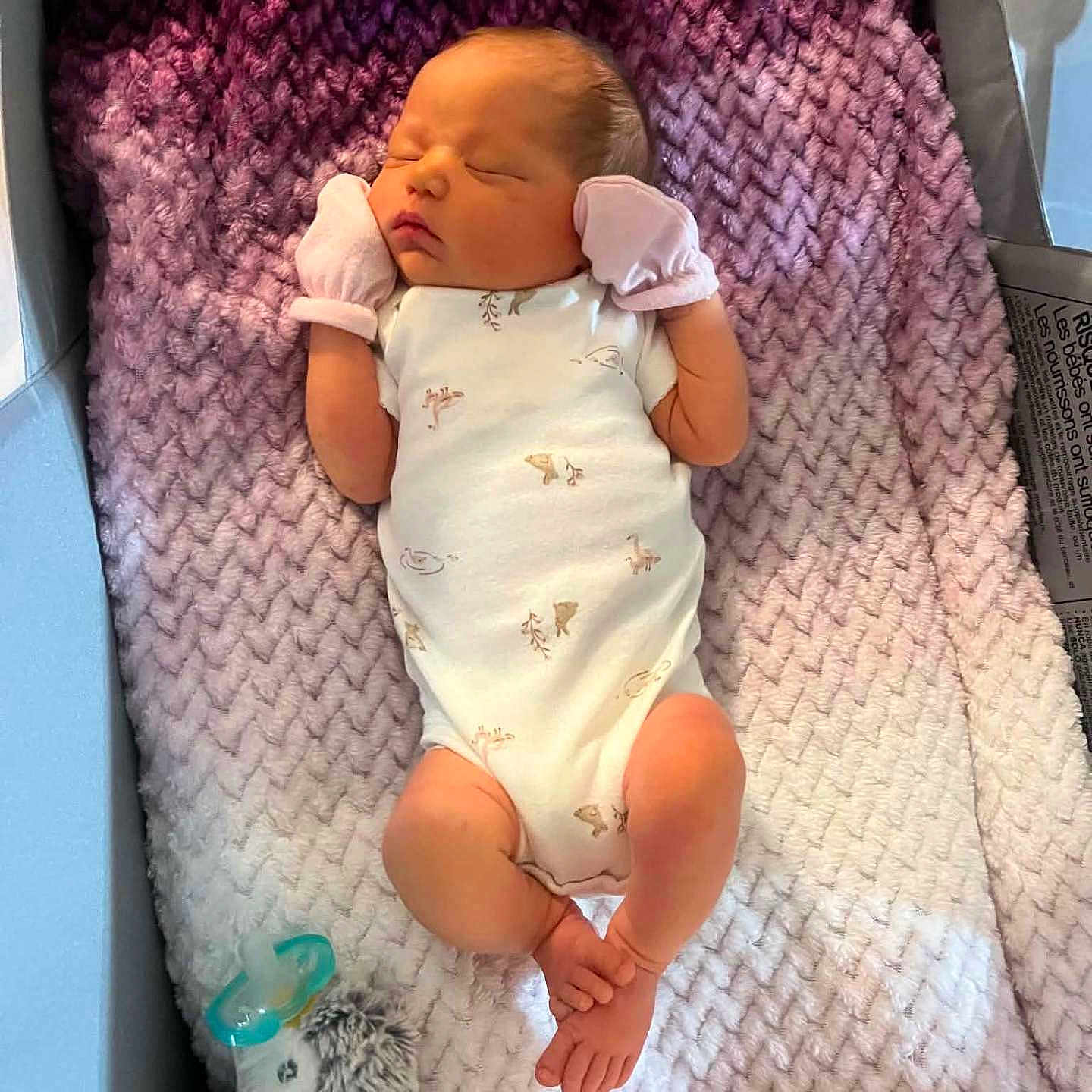 Peyton is registered to the contest to win money with this photo: newborn, baby, sleeping, blanket, knit, bassinet, onesie, mittens, plush_toy, pacifier, infant, cozy, soft, cute, resting, indoors, child, person, peaceful, portrait