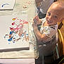 toddler, child, painting, paintbrush, table, highchair, messy, indoor, art, colorful, smile, face, clothing, person, seat, wooden_chair, tablecloth, family, creative, activity