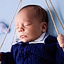 Andrew joined the competition — help win amazing prizes! baby, sleeping, swing, rope, blue_sweater, collar, infant, peaceful, soft_background, plush_toy, hand, face, closed_eyes, newborn, portrait, child, cute, indoor, cozy, calm