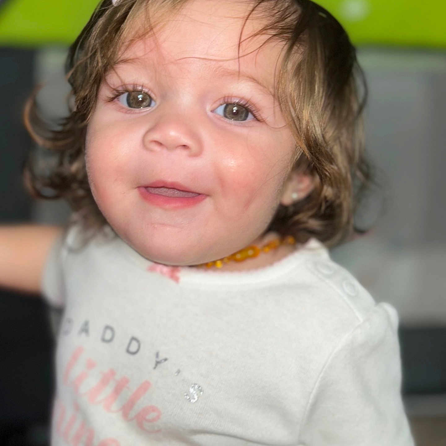 Luna joined the competition — help win amazing prizes! accessories, baby, blonde, bodypart, clothing, face, finger, hair, hand, happy, head, jewelry, mouth, necklace, person, photography, portrait, smile, t_shirt, teeth