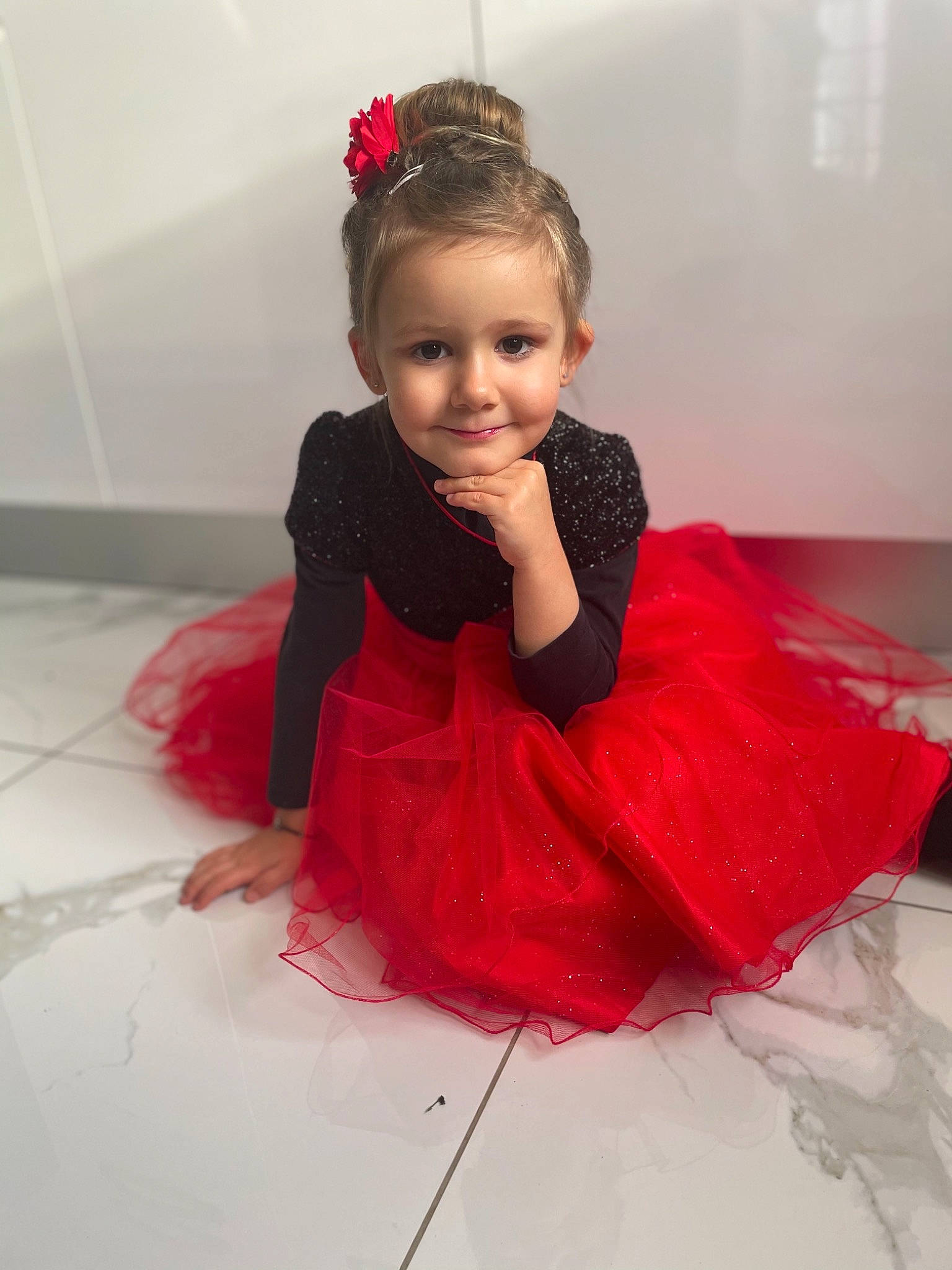 Ivanie participe au concours pour gagner de l'argent avec cette photo : black_hair, bridal_accessory, day_dress, dress, embellishment, fashion_design, flash_photography, flooring, formal_wear, hairstyle, happy, joy, magenta, neck, person, pink, red, shoulder, skin, sleeve