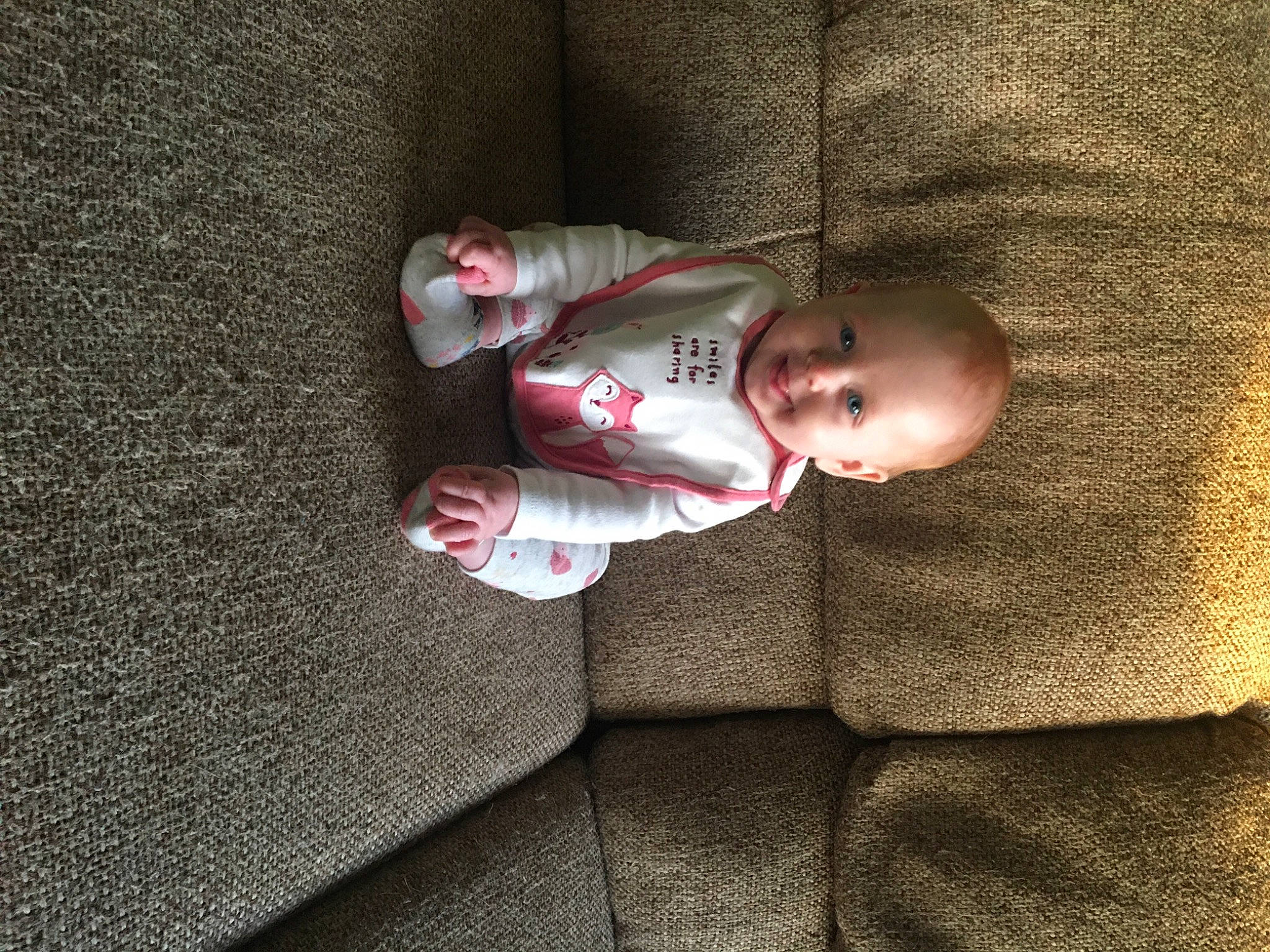 Madeline is registered to the contest to win money with this photo: baby, baby_toddler_clothing, comfort, eye, face, facial_expression, finger, floor, flooring, grey, head, joy, leg, nose, person, plant, skin, sleeve, textile, toddler