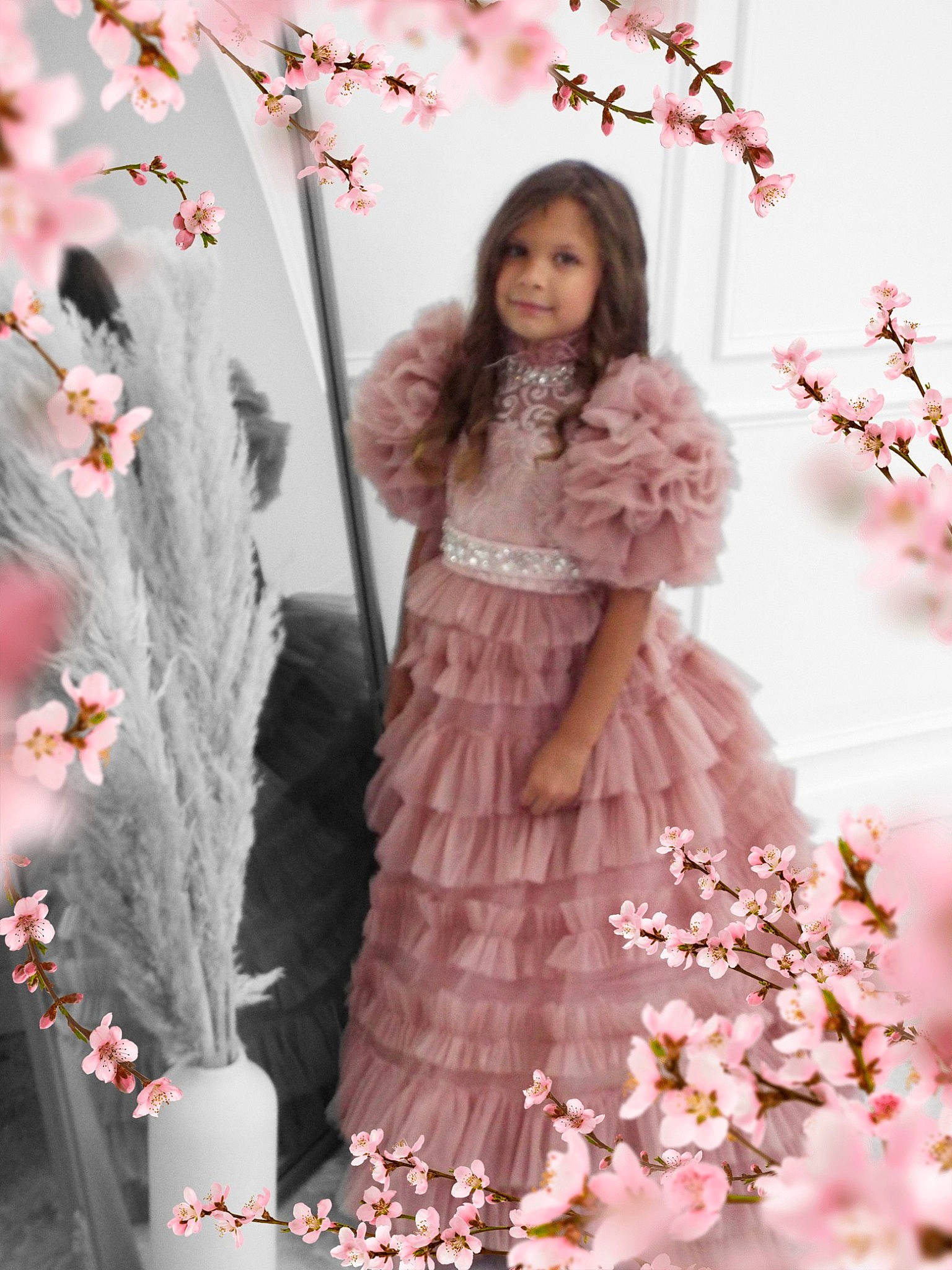 Emmary Rose is registered to the contest to win money with this photo: blossom, day_dress, dress, fashion_design, flower, flower_arranging, flowering_plant, hairstyle, happy, long_hair, peach, people_in_nature, person, petal, pink, plant, textile, thigh, twig, waist