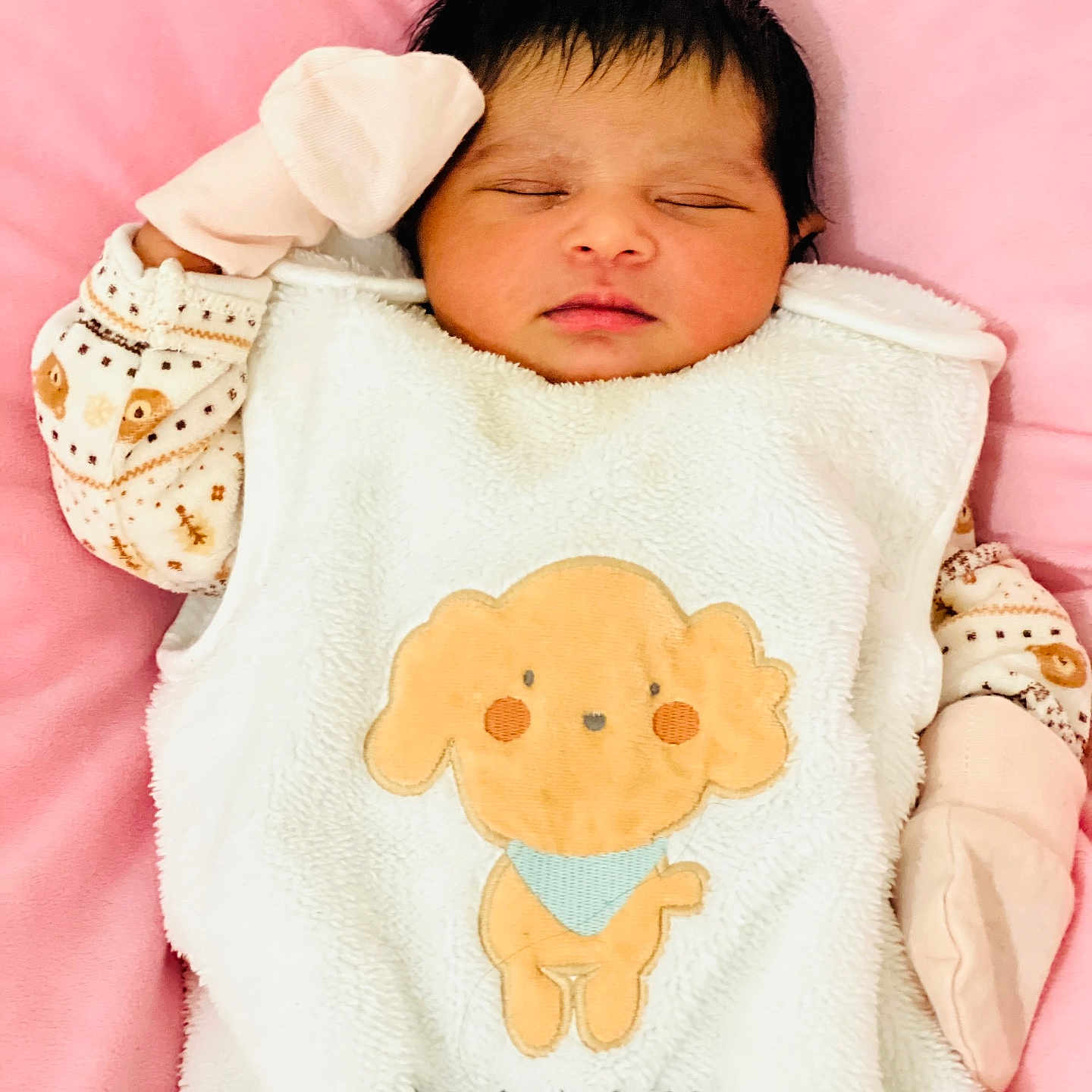 Mary-Abilene participe au concours pour gagner de l'argent avec cette photo : apparel, baby, baby_clothes, cartoon_dog, child, cozy, cute, cute_animal, face, indoors, infant, mitten, newborn, peaceful, pink_background, portrait, resting, sleeping, soft, white_outfit