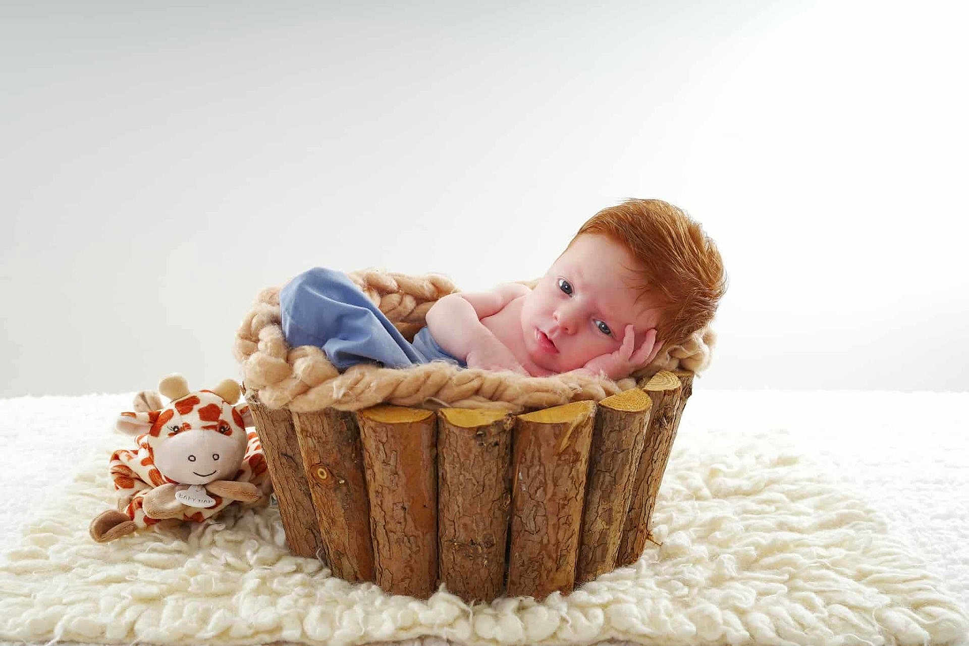 Ethan participe au concours pour gagner de l'argent avec cette photo : baby, infant, red_hair, basket, knit_blanket, plush_toy, giraffe, soft_texture, white_background, portrait, cute, cozy, child, resting, wood, natural, indoor, newborn, expression, laying