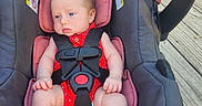 Bristlynn Miller is registered to the contest to win money with this photo: baby, bare_feet, blue_eyes, buckled, car_seat, child, deck, face, hands, harness, infant, outdoor, photograph, pink_blanket, polka_dots, portrait, red_outfit, sitting, vehicle_seat, wooden_deck