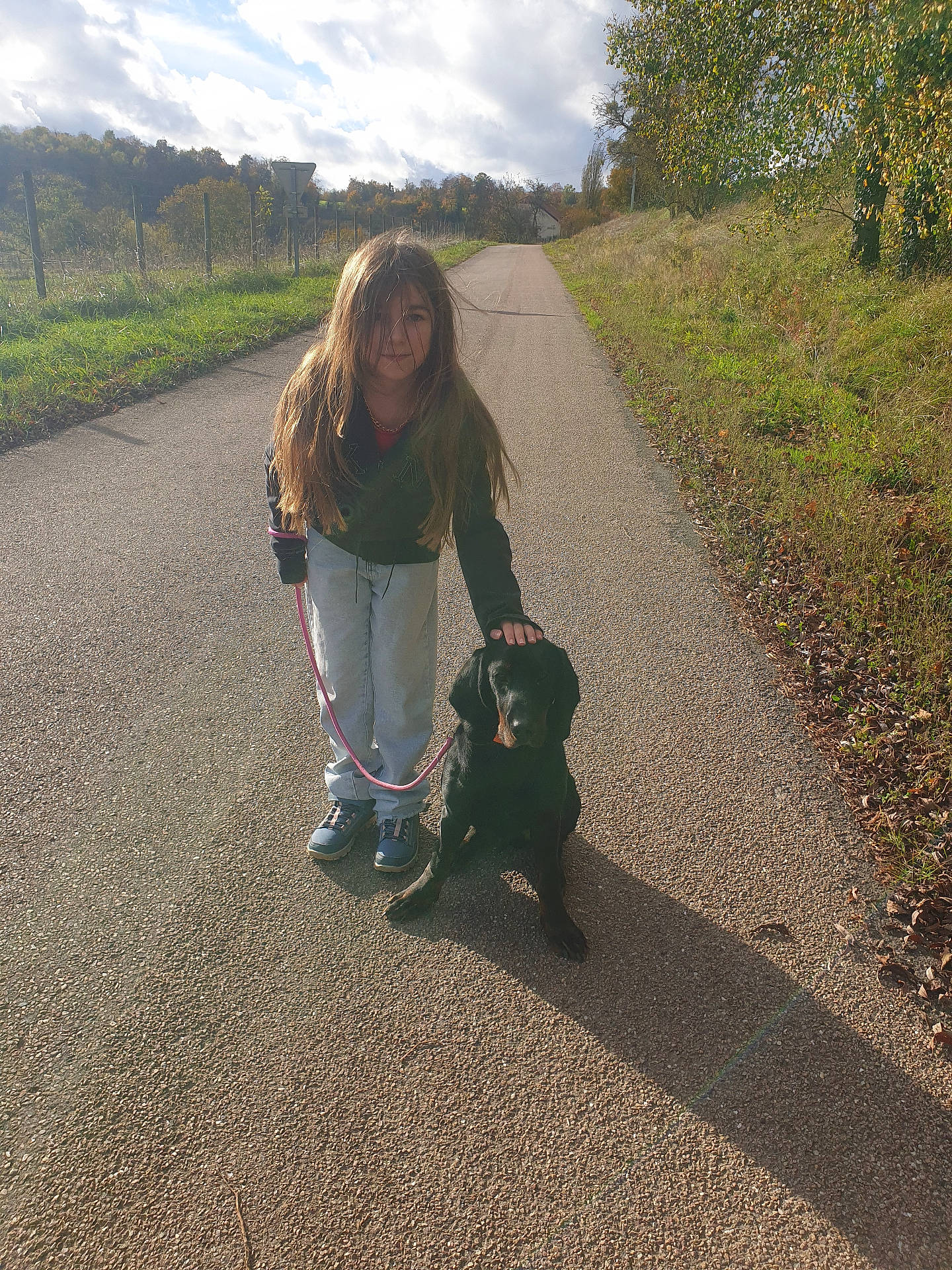 animal, autumn, casual_clothing, cloud, dog, fence, girl, grass, leash, nature, outdoor, path, pet, road, rural, shadow, sky, sunlight, tree, walking