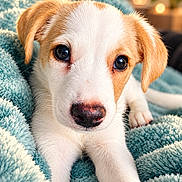 Bella participe au concours pour gagner de l'argent avec cette photo : puppy, dog, canine, portrait, close_up, brown_and_white, floppy_ears, blue_eyes, black_nose, fur, blanket, cozy, indoor, warm_lighting, bokeh, cute, adorable, animal, pet, resting