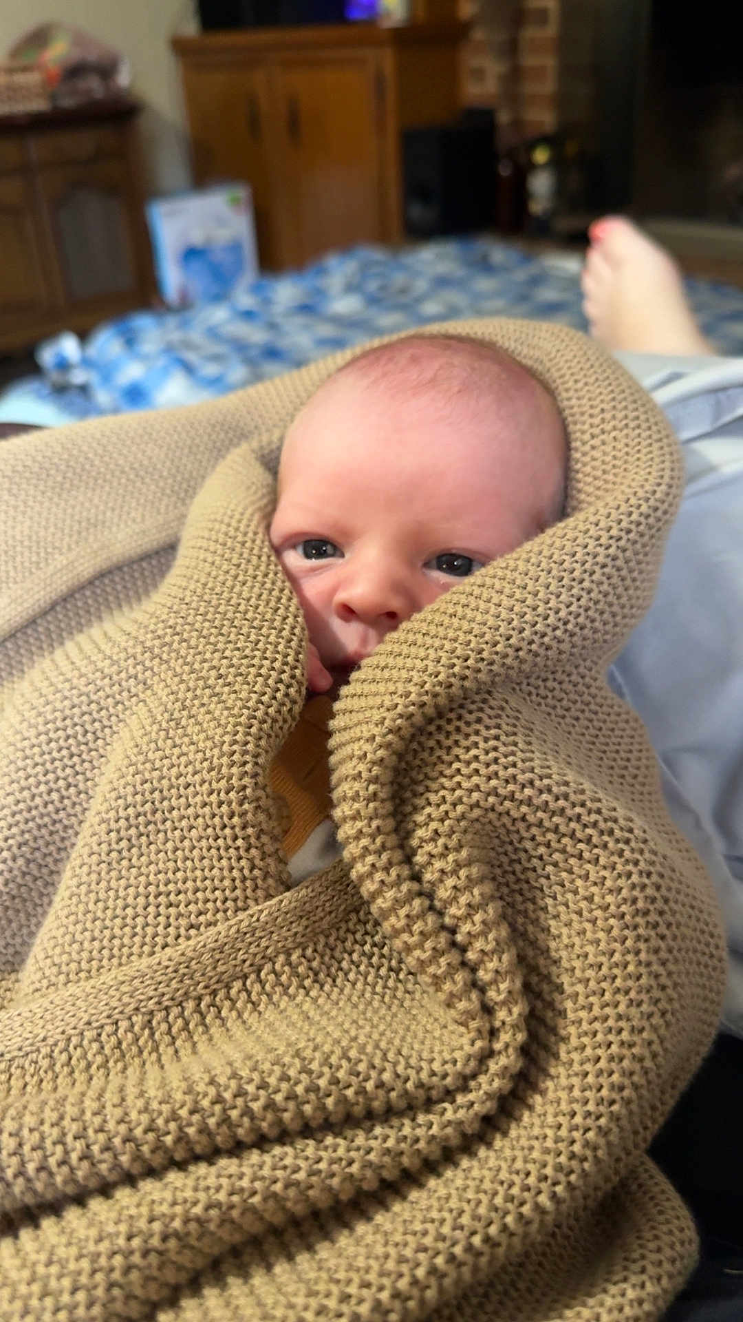 Cameron is registered to the contest to win money with this photo: baby, blanket, knitted, cozy, infant, face, eyes, hand, home, furniture, wood, soft, warm, wrapped, portrait, cute, child, indoors, comfort, curious