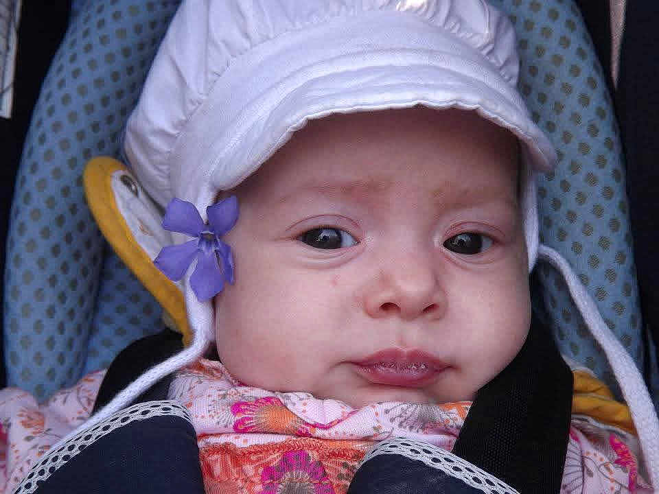 Maëlly participe au concours pour gagner de l'argent avec cette photo : baby, child, hat, flower, car_seat, clothing, face, headwear, infant, seatbelt, patterned, pink, purple, white, portrait, closeup, person, cute, young, soft_lighting