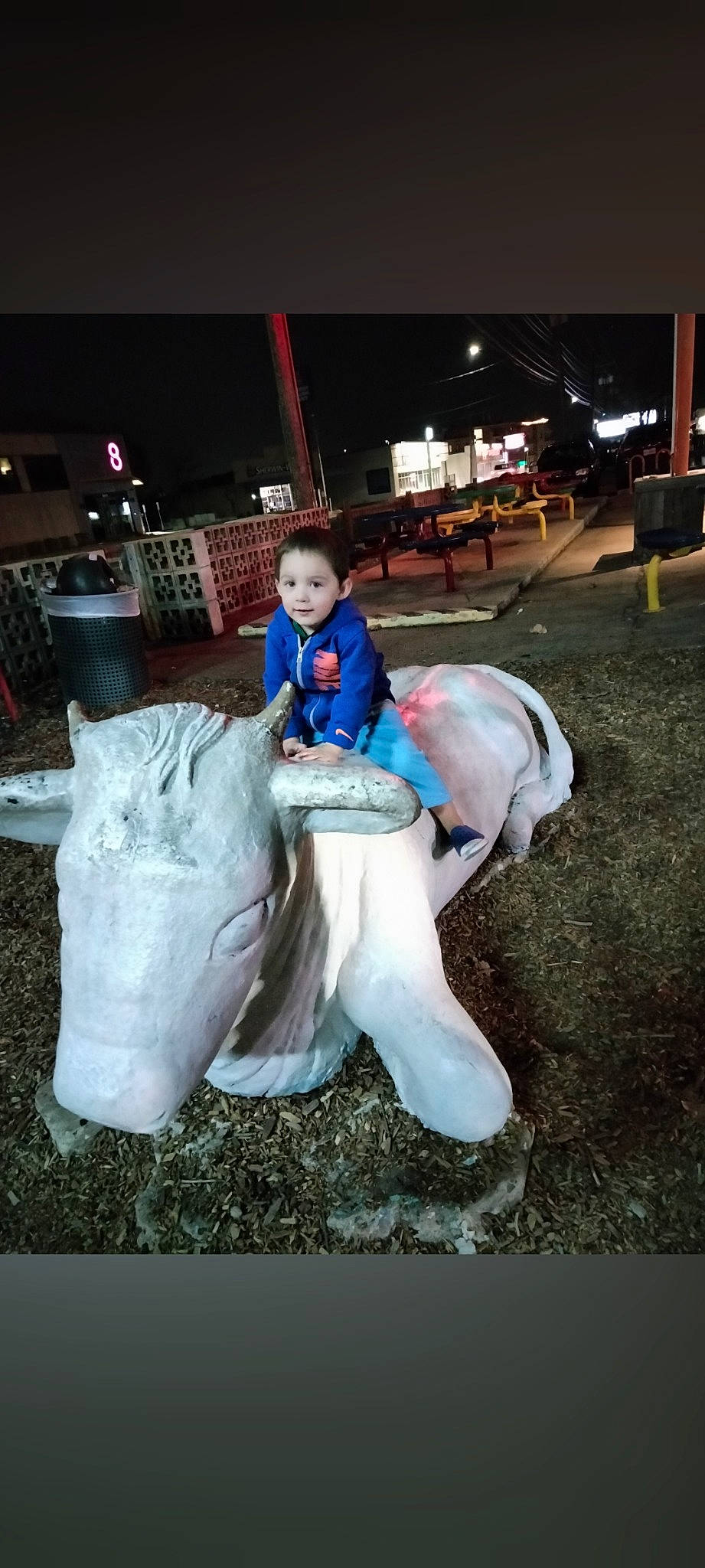 Hunter joined the competition — help win amazing prizes! art, bovine, bull, child, cow_goat_family, dairy_cow, fun, grass, jacket, lawn_ornament, livestock, night, ox, person, recreation, sculpture, statue, t_shirt, toddler, vacation