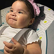 Heavenly Roze is registered to the contest to win money with this photo: baby, child, infant, pink_bow, headband, white_shirt, seat, straps, hand, face, cheeks, curious, indoors, pattern, closeup, young, cute, portrait, expression, baby_girl