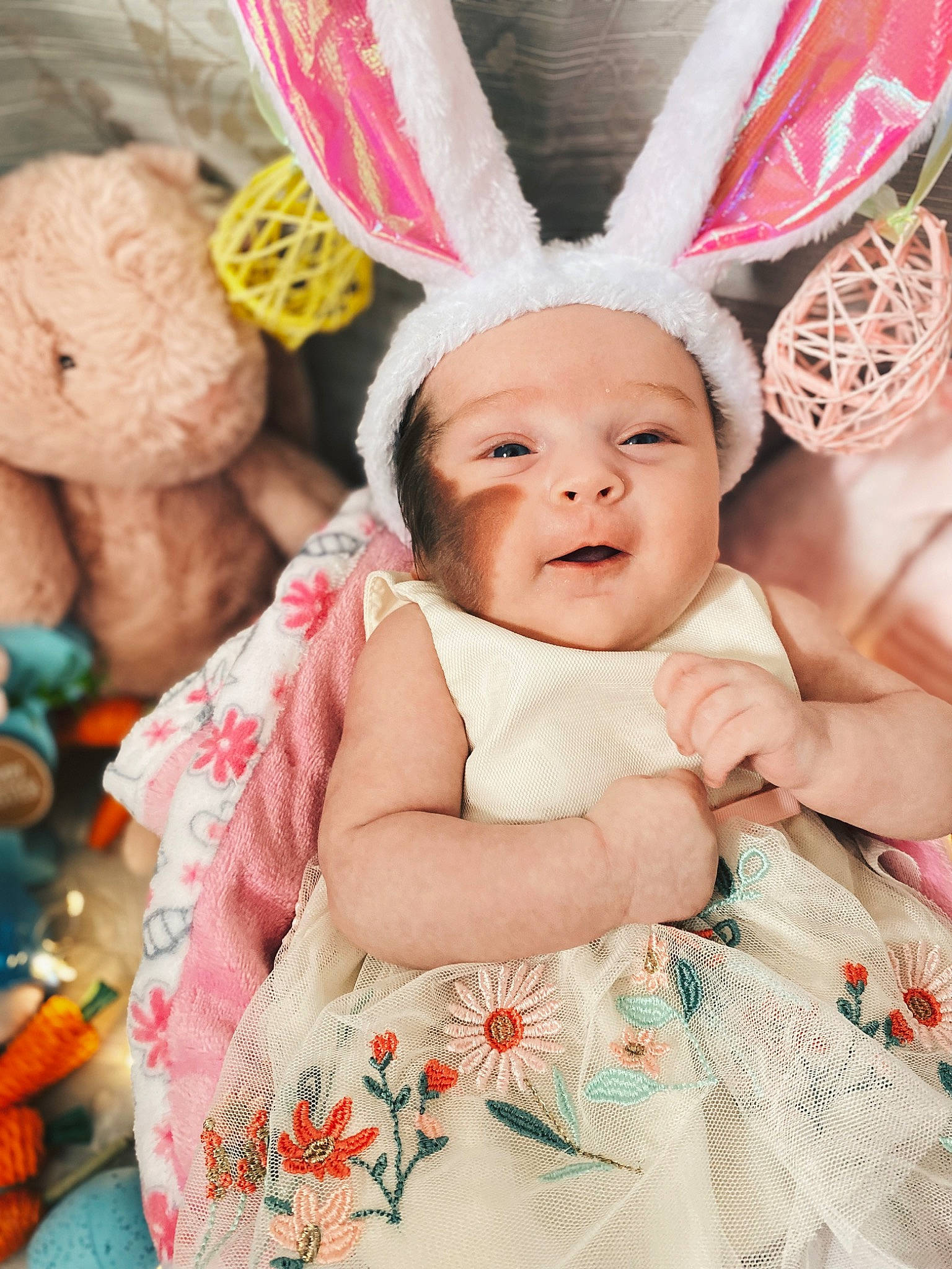Rhiannon joined the competition — help win amazing prizes! baby, baby_toddler_clothing, child, costume_hat, easter, event, fashion_accessory, fawn, fun, fur, happy, headpiece, linens, magenta, peach, person, pink, skin, smile, textile