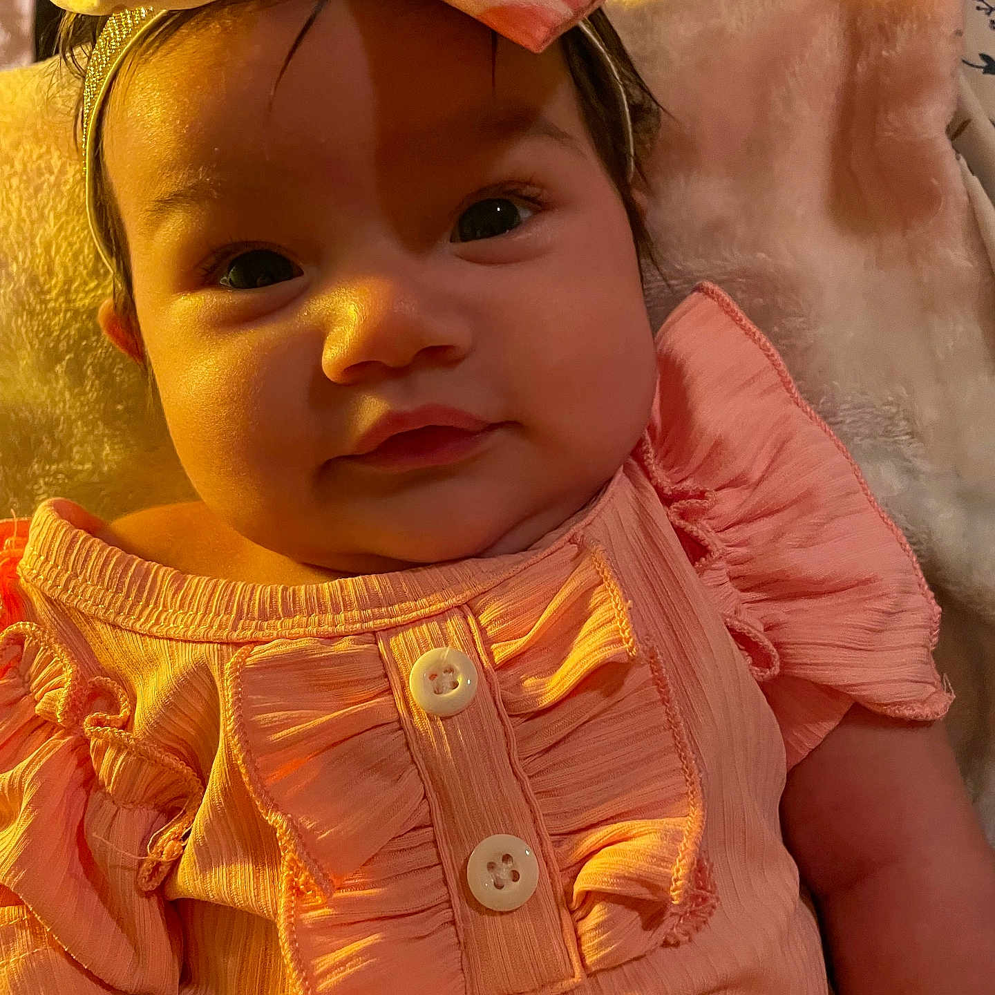 Jaleya joined the competition — help win amazing prizes! adorable, baby, blanket, button, child, closeup, clothing, comfort, cute, face, flower, headband, infant, lying_down, pink, portrait, ruffles, skin, soft, warm_lighting