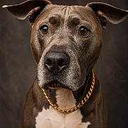 Gordo is registered to the contest to win money with this photo: dog, portrait, chain, brown, white, pet, canine, closeup, ears, fur, animal, studio, expression, looking, muzzle, nose, eyes, collar, indoor, background