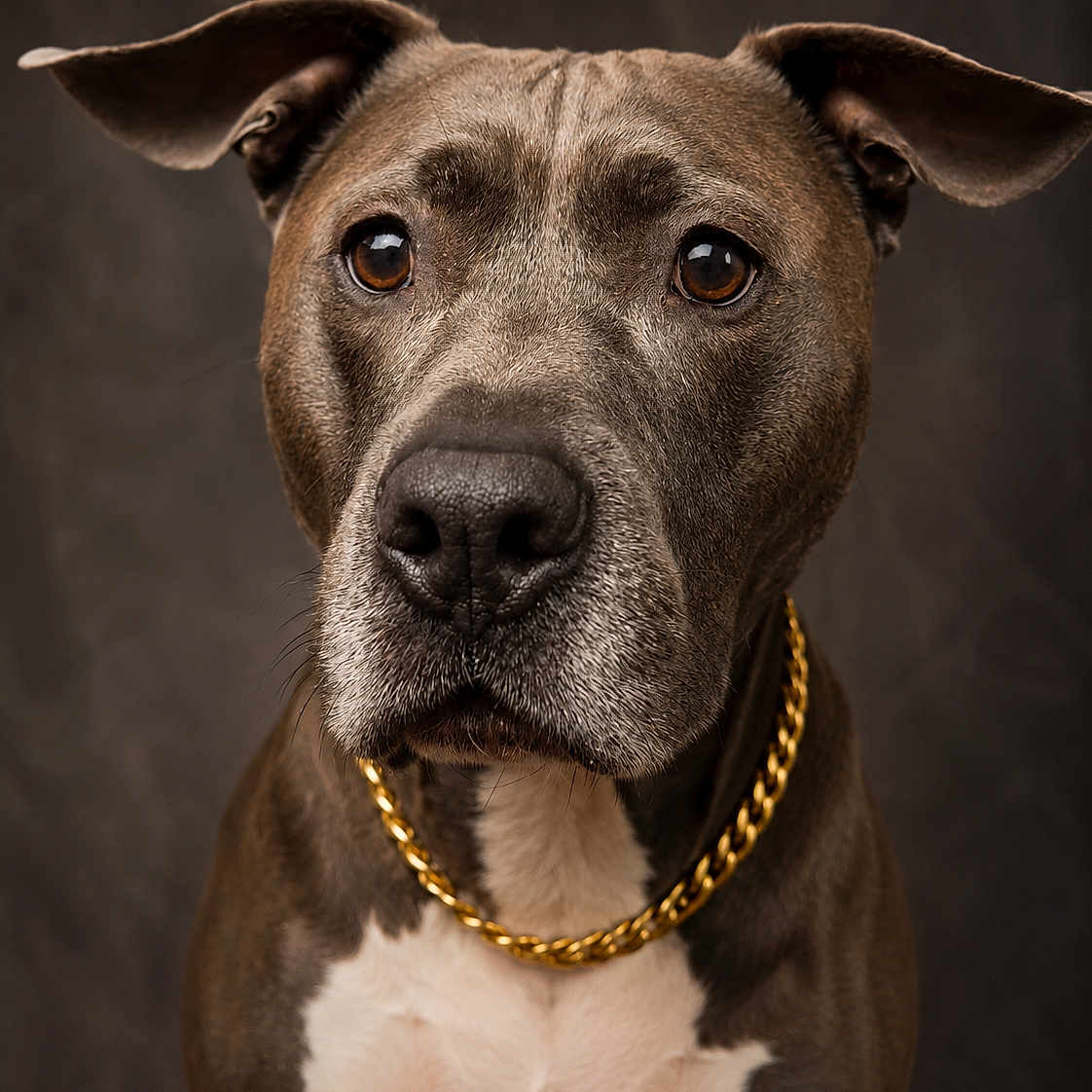 Gordo is registered to the contest to win money with this photo: dog, portrait, chain, brown, white, pet, canine, closeup, ears, fur, animal, studio, expression, looking, muzzle, nose, eyes, collar, indoor, background