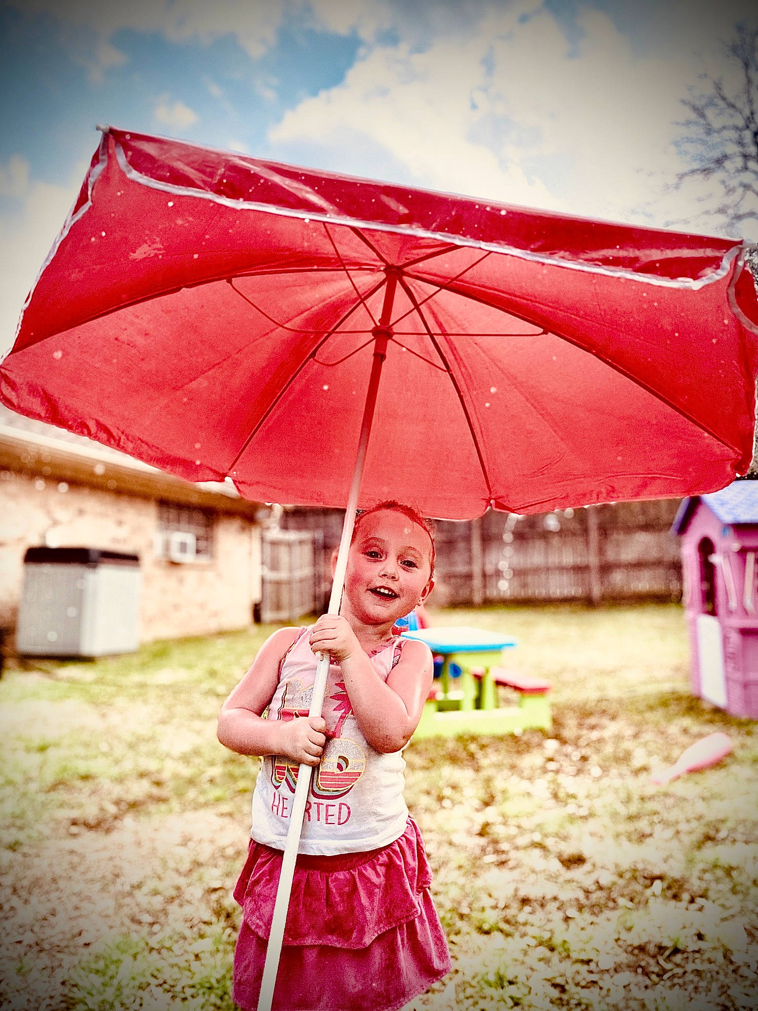 Nora is registered to the contest to win money with this photo: cloud, flash_photography, fun, grass, happy, human, leisure, magenta, morning, people_in_nature, person, pink, red, shade, sky, sunlight, tints_and_shades, travel, tree, umbrella
