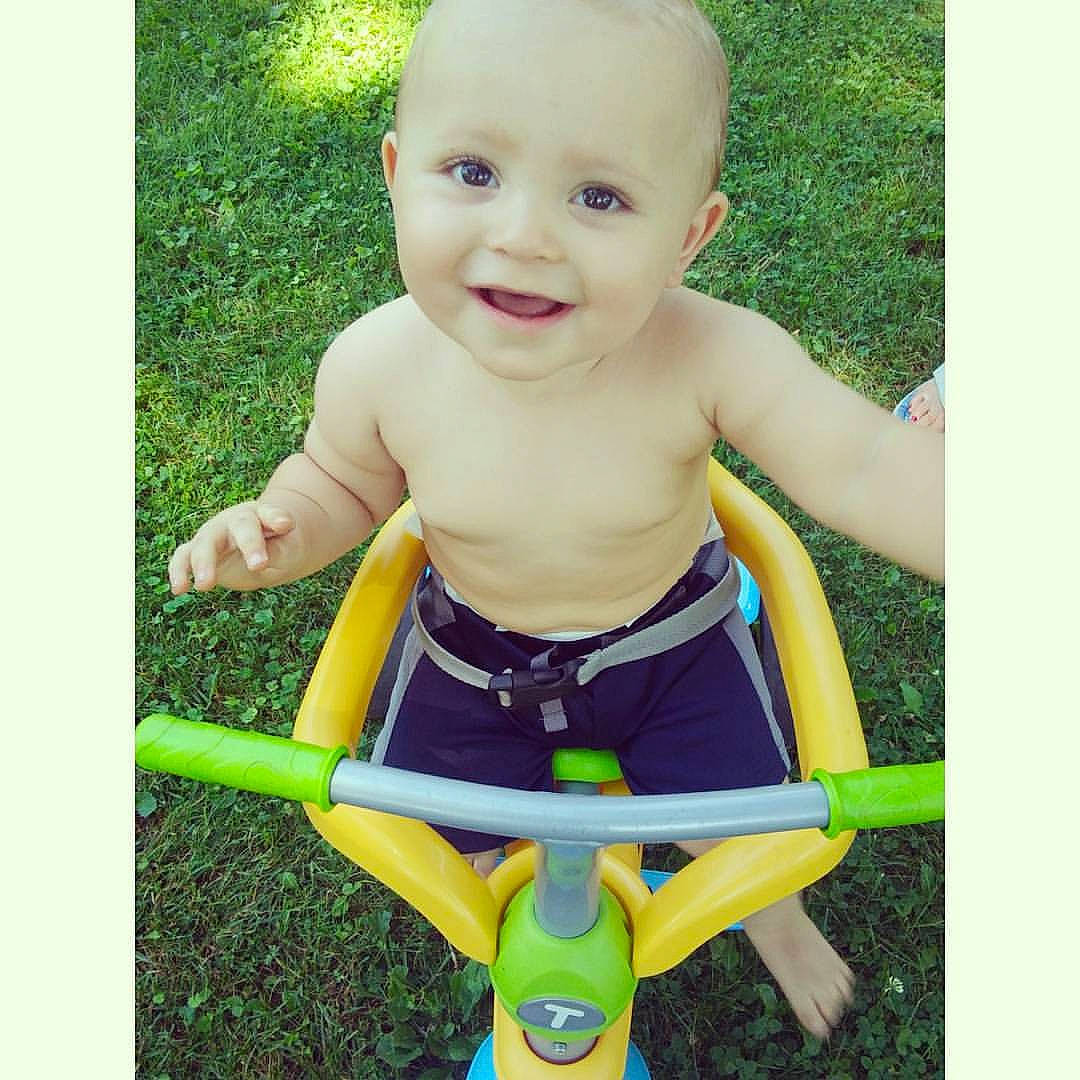 Dexton joined the competition — help win amazing prizes! baby_products, child, fun, grass, infant, joy, person, play, product, toddler, toy, yellow