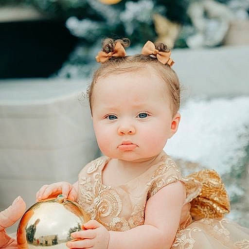 Kaia joined the competition — help win amazing prizes! baby, baby_toddler_clothing, cheek, child, dress, embellishment, event, face, fashion_accessory, flash_photography, hair_accessory, happy, headpiece, iris, jewellery, peach, person, sitting, skin, sweetness