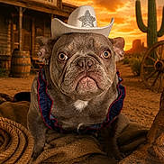 Izzie is registered to the contest to win money with this photo: animal, brown, bulldog, cactus, costume, cowboy_hat, cute, desert, dog, dramatic_lighting, leather_boot, outdoor, pet, portrait, rope, saloon, sunset, vintage, western, wild_west