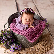 Charline a rejoint le concours — aidez-le/la à gagner de superbes lots ! newborn, baby, sleeping, flower_crown, purple_blanket, metal_bucket, flowers, wooden_floor, cozy, portrait, infant, cute, peaceful, resting, headband, knit_blanket, closeup, indoors, decor, soft_lighting