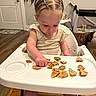 Adalynn is registered to the contest to win money with this photo: toddler, high_chair, cookie, food, braided_hair, pigtails, indoor, child, contemplative, wood_floor, dog, furniture, door, table, clothing, person, home, snack, baby, curly_hair