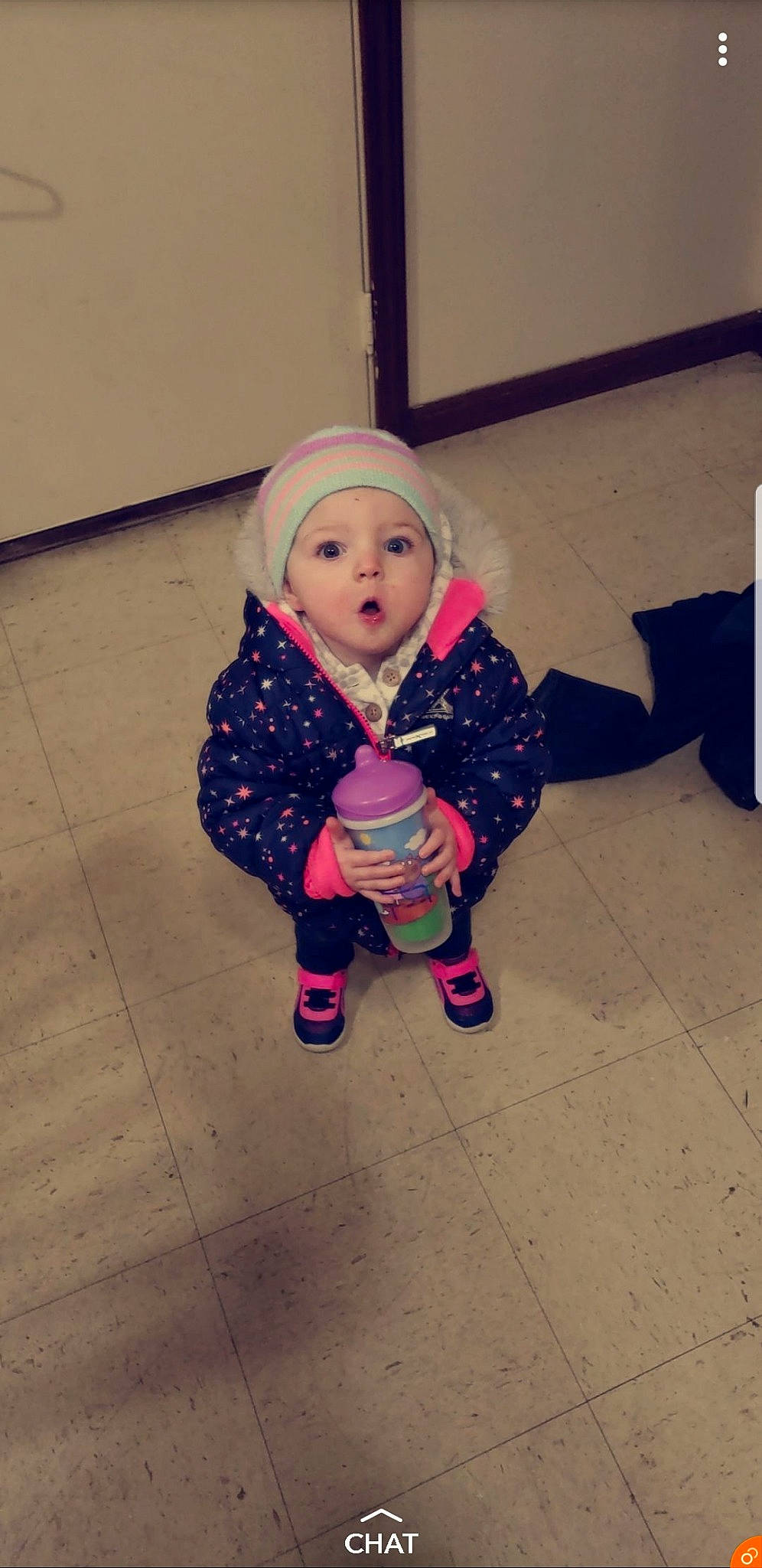 Adaya is registered to the contest to win money with this photo: child, floor, flooring, person, pink, surprise, toddler