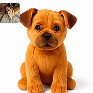 Scoot is registered to the contest to win money with this photo: dog, plush_toy, real_dog, carpet, wooden_floor, indoor, sitting, standing, brown_fur, cute, pet, toy, background, white_background, floor, ears, eyes, nose, animal, collage